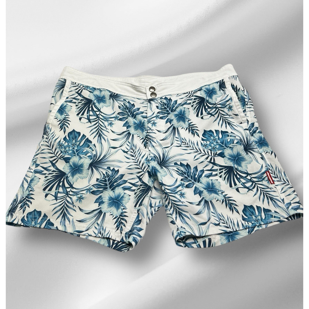 Men's White & Blue Floral Swim Trunks